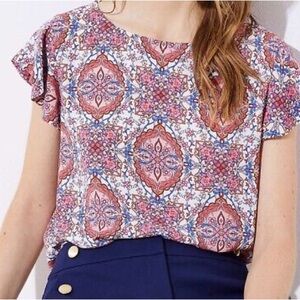 LOFT Large Floral Tile Double Bar Back Flutter Top